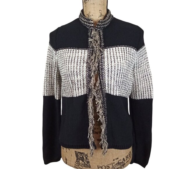 Chico's Parisian Chic Modern Boho Fringe Trim Colorblocked Cardigan Sweater M - Picture 4 of 9